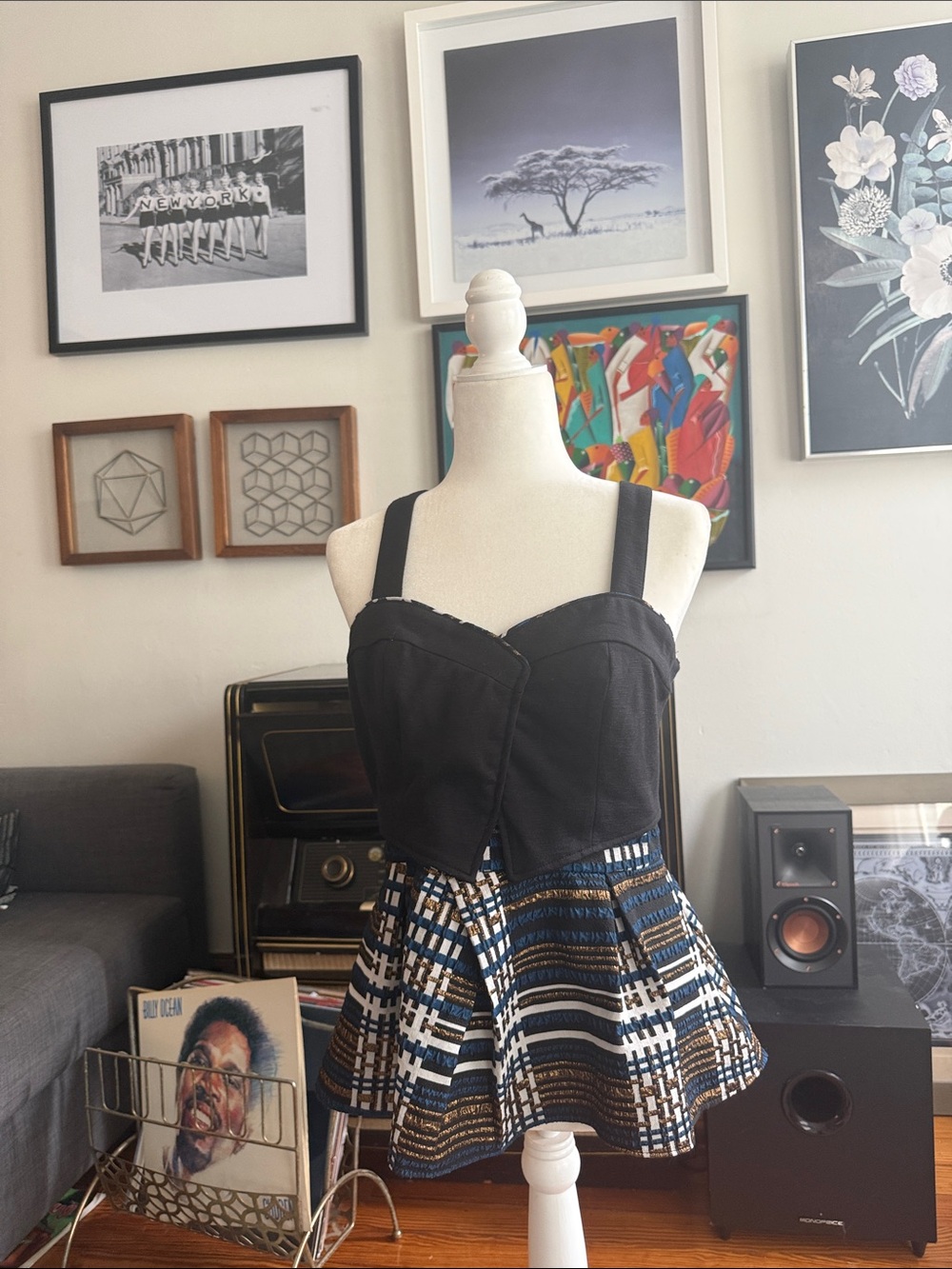 Anthropologie Black, White & Navy Plaid Textured Mini Dress